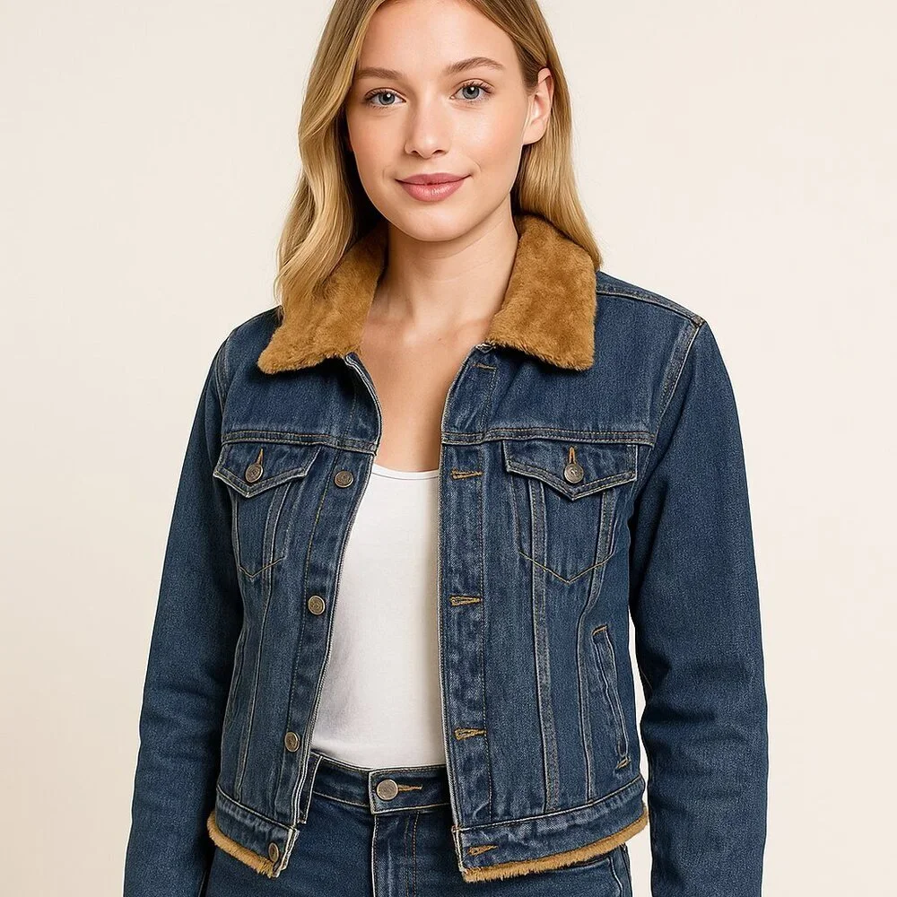 Austin Denim Jacket Size Large Blue Fur Collar Long Sleeve Zip Trucker Western - Picture 1 of 13
